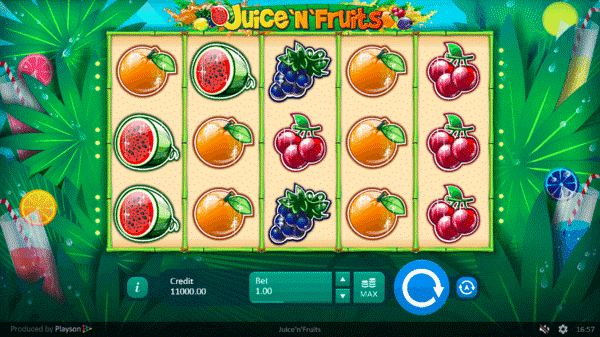 Image of Juice N Fruits slot, a simple 5x3 layout set to a background of palm fronds and fruity drinks.