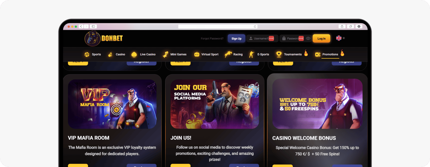 screenshot of donbet promotions page