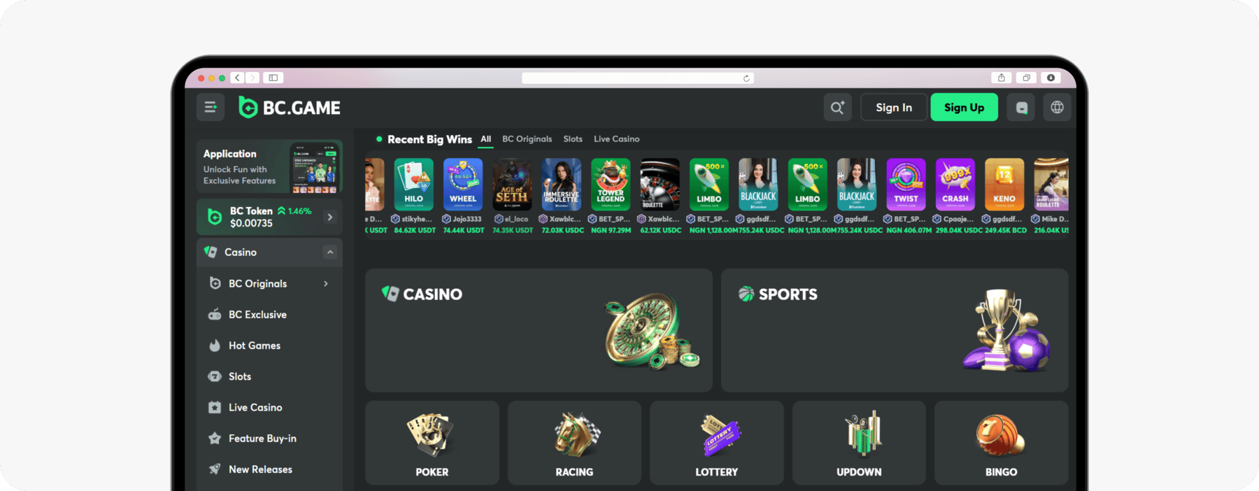 screenshot of bc.game homepage