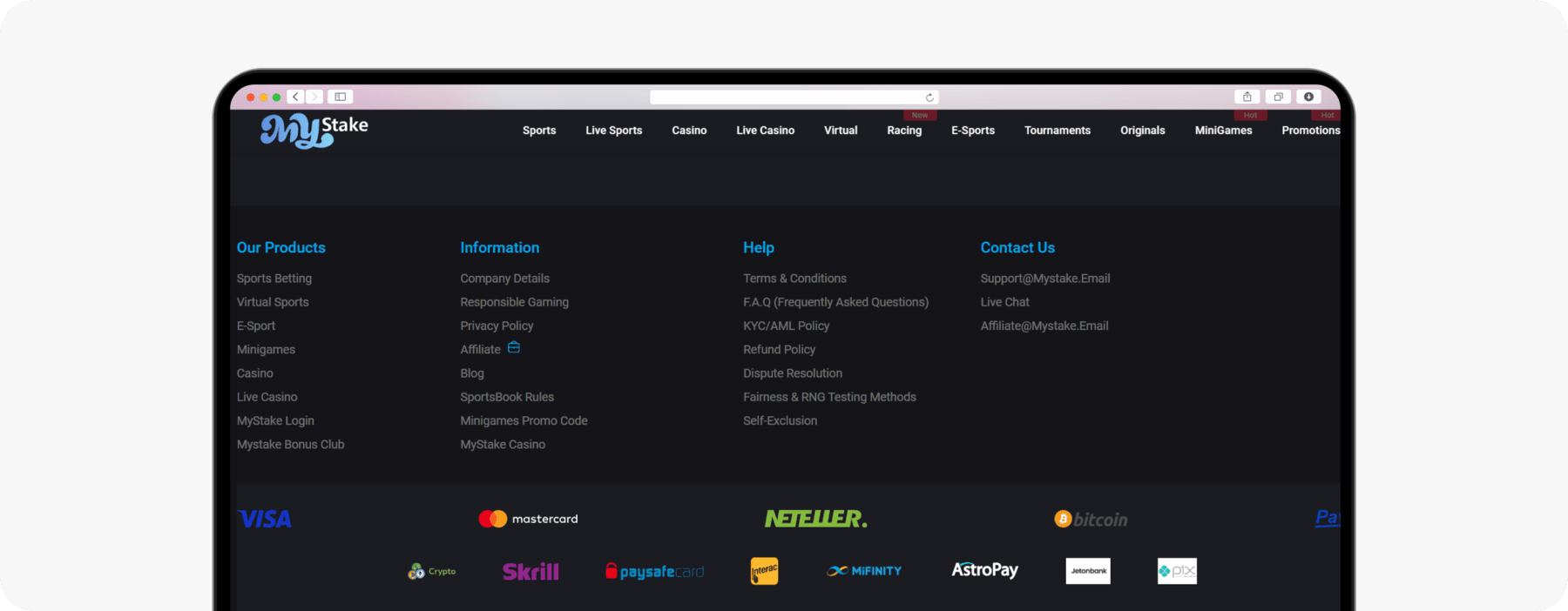screenshot of mystake website footer