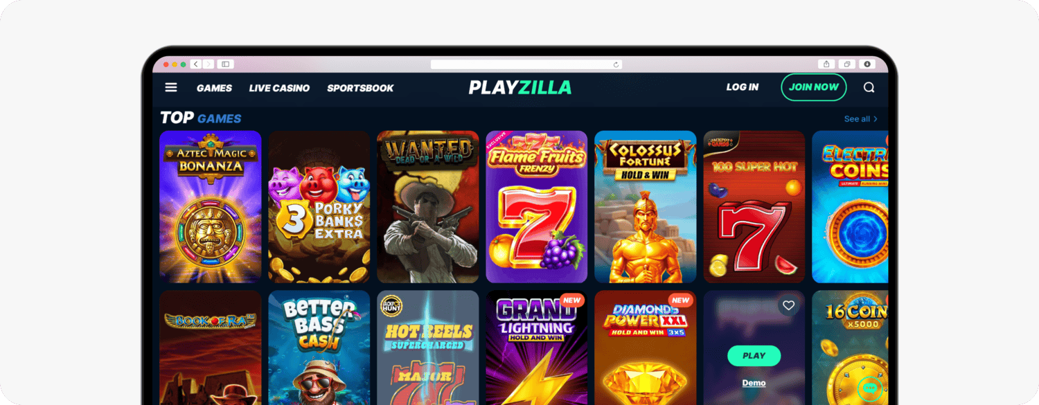 screenshot of playzilla homepage