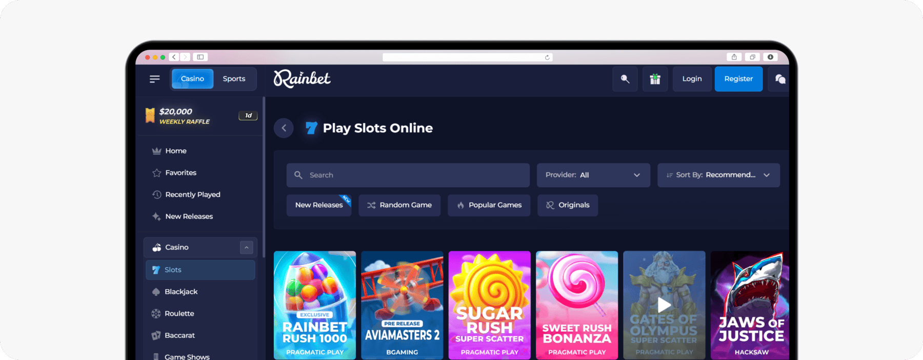 screenshot of rainbet homepage