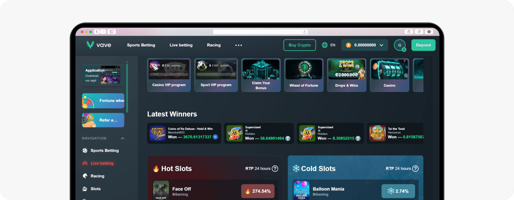 screenshot of vave homepage