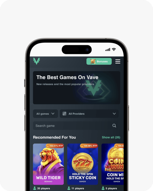 screenshot of vave casino slots page