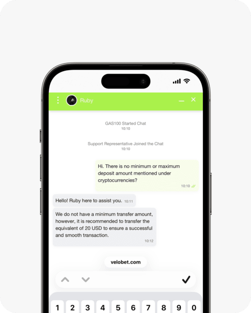 screenshot of velobet crypto limits live chat response