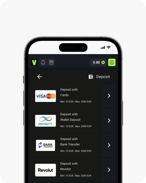 screenshot of velobet payment methods