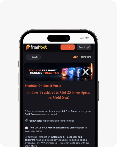 screenshot of freshbet social media 25 free spins offer