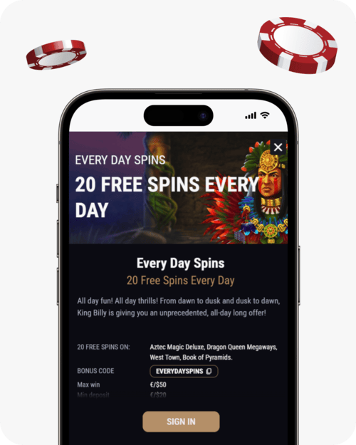 screenshot of king billy daily free spins offer