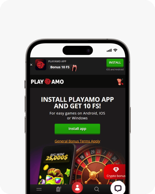 screenshot of playamo install app 10 free spins offer