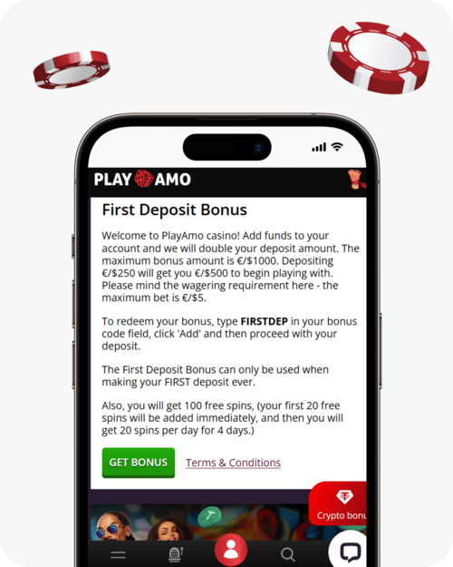screenshot of playamo first deposit bonus