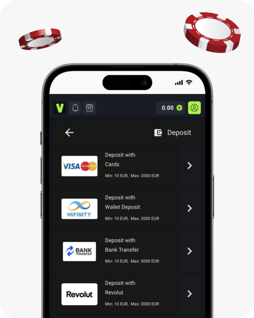 screenshot of velobet deposit options