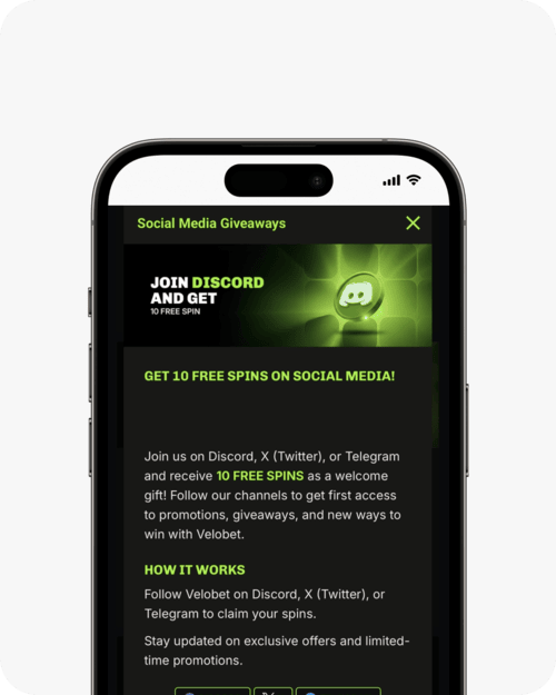 screenshot of velobet social media bonus