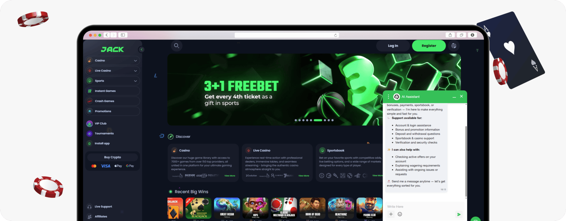 screenshot of jack casino customer support ai assistant